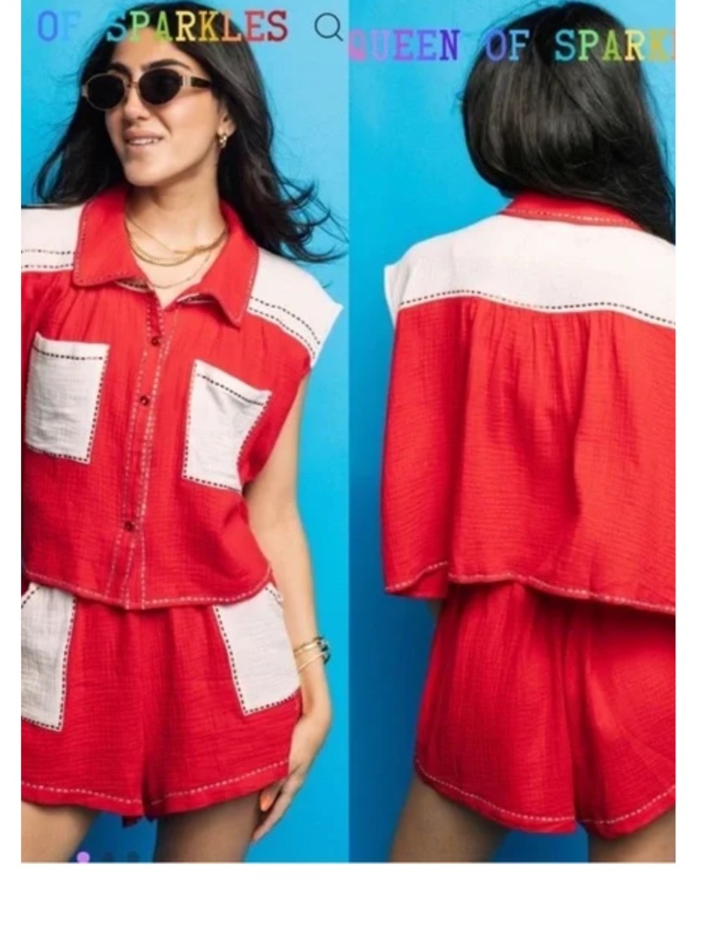 Queen of Sparkles Crimson & White‎ Gauze Top and Short Set